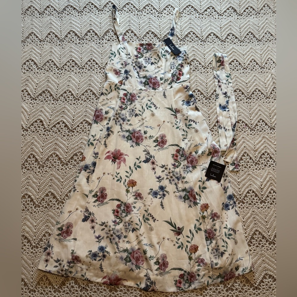 NWT Lulu's Cream Floral Midi Dress with Pink & Blue Blooms Pockets Waist Tie